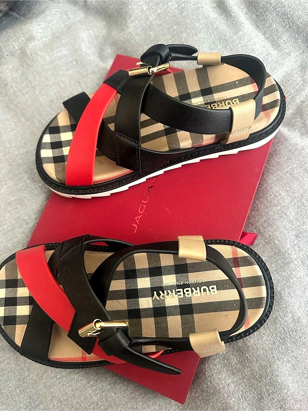 Burberry Plaid Platform Sandals in Black & Red